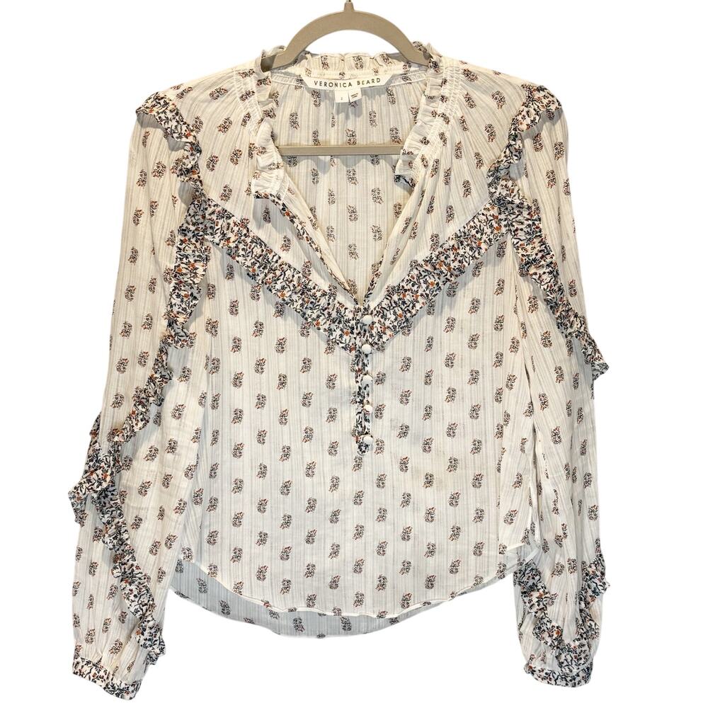 Veronica Beard Floral Cotton Long Sleeve Popover Blouse - size 2